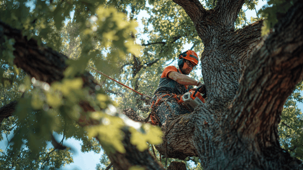 Certified arborist making a precise pruning cut on a mature tree
