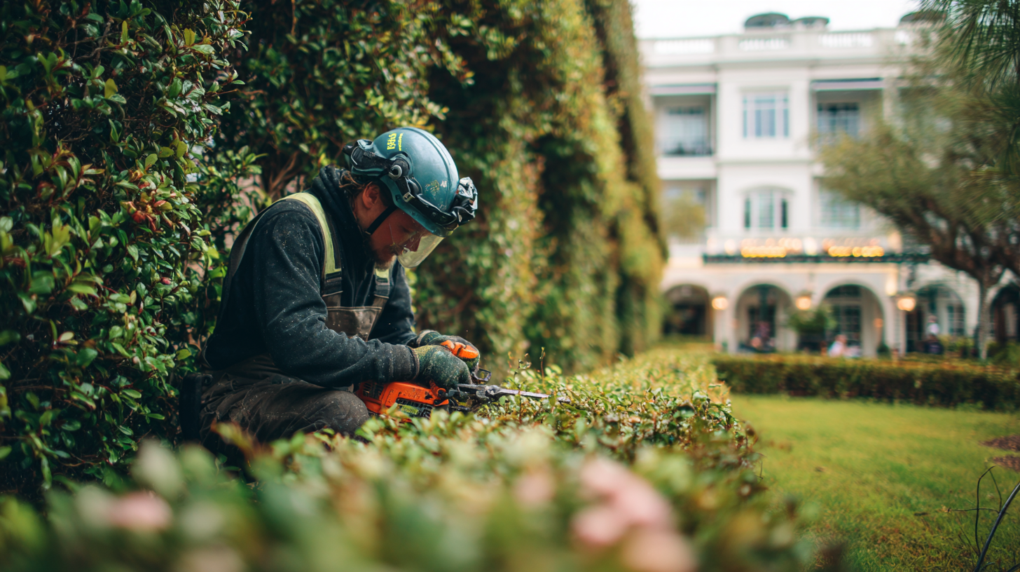 Certified arborist in full safety gear pruning a tree with a chainsaw