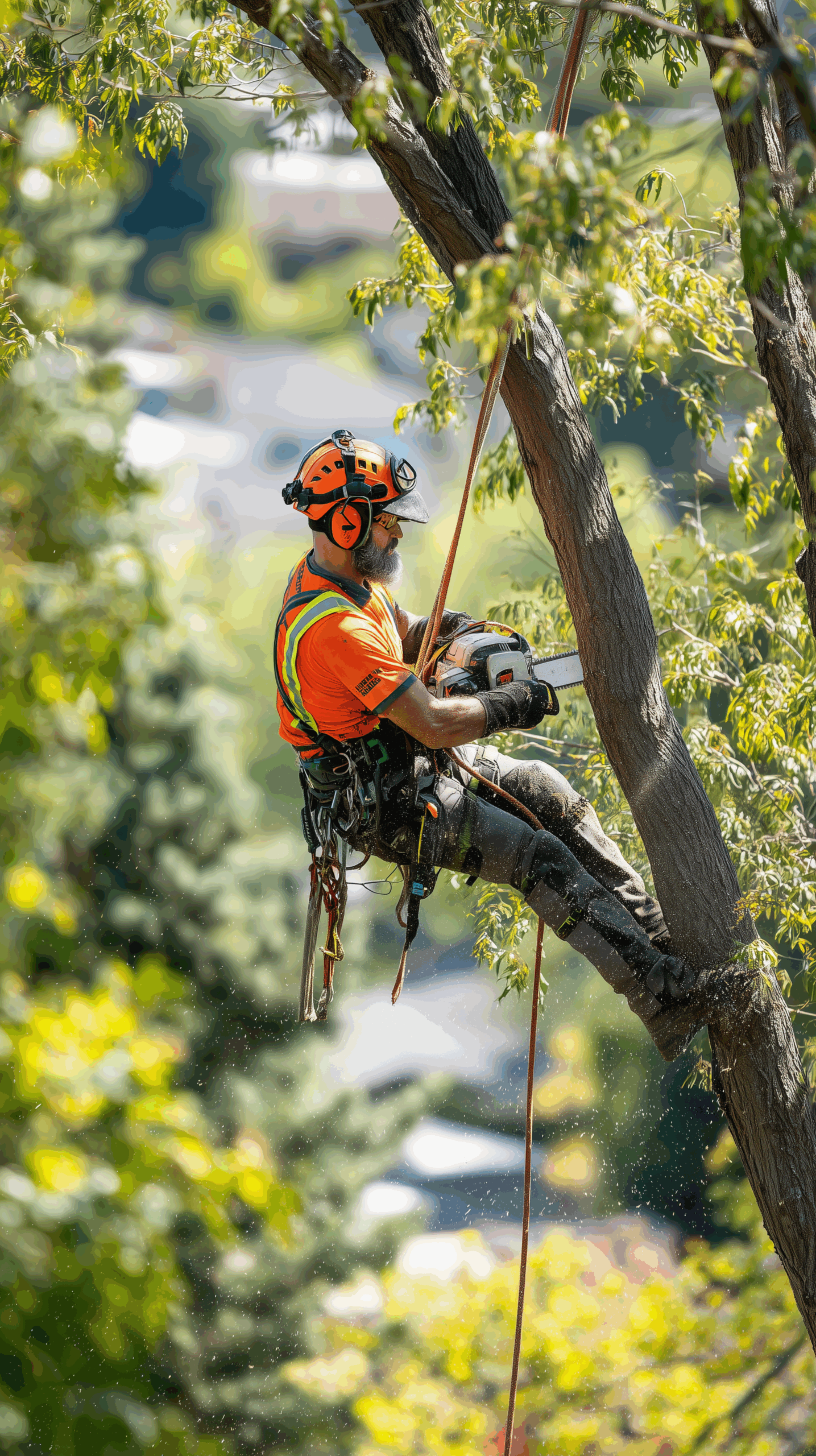 Tree trimming service in progress on a Raleigh street
