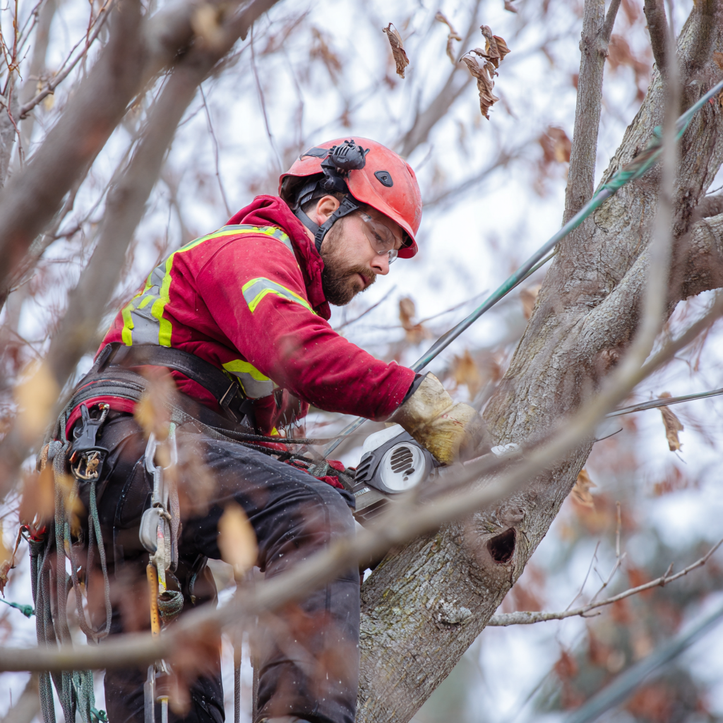 Arborist trimming branches with a chainsaw from a ladder